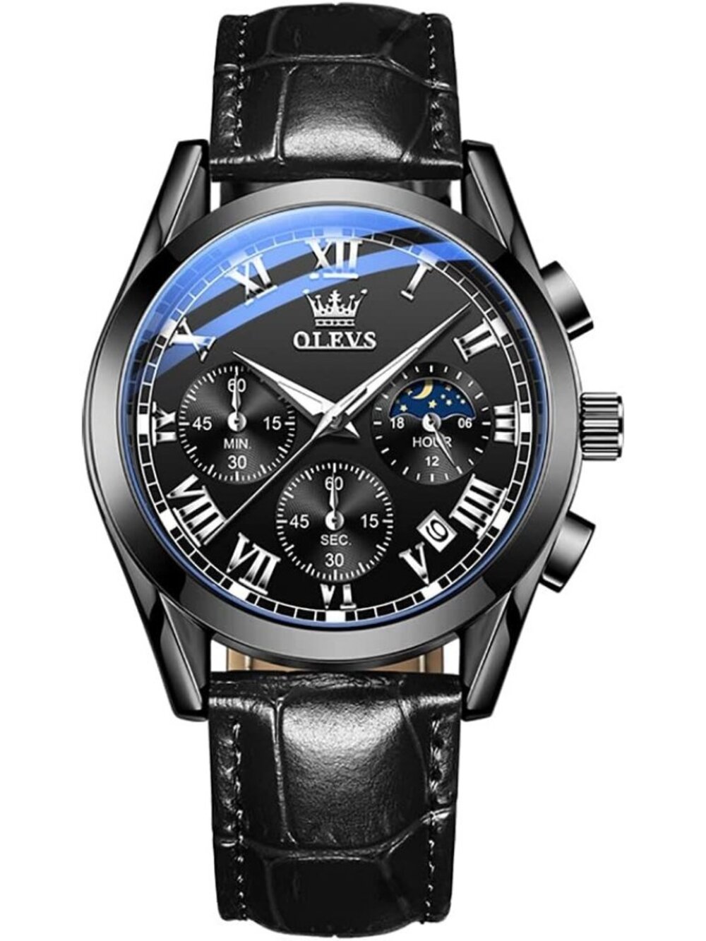 Olevs Men's All Black Analog Leather Large Face Date Luxury Design Wrist Watches